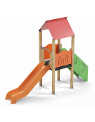 Torre con tetto, pali in legno di pino termotrattato, scivolo in polietilene, scala e pianale in lamiera - cm 117x425x330h