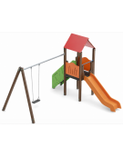Torre con pali in alluminio rifiniti in legno light e scivolo in polietilene - Altalena 1 posto - cm 452x425x330h