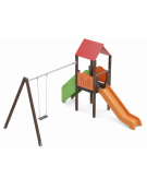 Torre con pali in alluminio rifiniti in legno dark e scivolo in polietilene - Altalena 1 posto - cm 452x425x330h