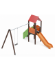 Torre con pali in alluminio rifiniti in legno dark e scivolo in polietilene - Altalena 1 posto - cm 452x425x330h