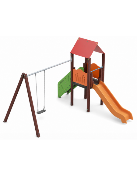 Torre con pali in plastica riciclata e scivolo in polietilene, scala e pianale in lamiera - Altalena 1 posto - cm 452x425x330h