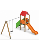 Torre con pali in legno di pino termotrattato e scivolo in polietilene - Altalena 1 posto - cm 452x425x330h