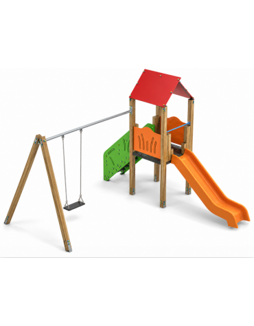 Torre con pali in legno di pino termotrattato e scivolo in polietilene - Altalena 1 posto - cm 452x425x330h