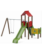 Torre relax con pali in alluminio rifiniti in legno light, scivolo in polietilene - Altalena 1 posto - cm 545x512x360h