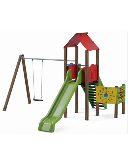 Torre relax con pali in alluminio rifiniti in legno light, scivolo in polietilene - Altalena 1 posto - cm 545x512x360h