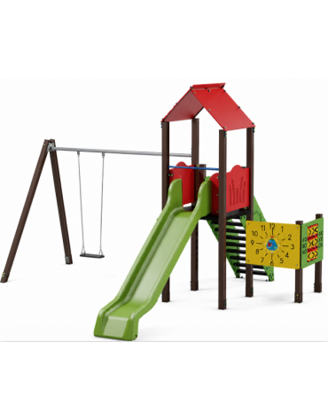 Torre relax con pali in alluminio rifiniti in legno dark, scivolo in polietilene - Altalena 1 posto - cm 545x512x360h