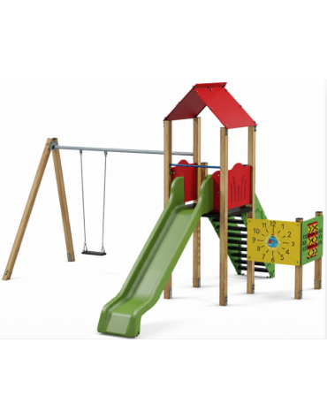 Torre relax con pali in legno di pino termotrattato, scivolo in polietilene - Altalena 1 posto - cm 545x512x360h