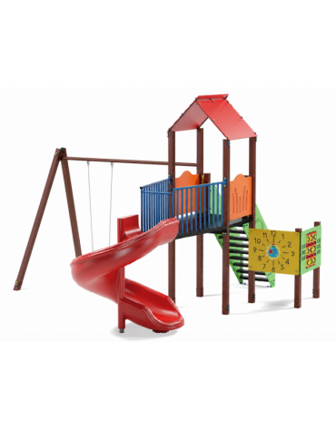 Torre relax con pali in plastica riciclata - scivolo elicoidale in polietilene - Altalena 1 posto - cm 545x520x360h