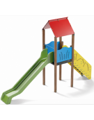 Torre singola con tetto, pali in alluminio rifiniti in legno light - scivolo in polietilene rotazionale cm 150h -cm 120x512x360h
