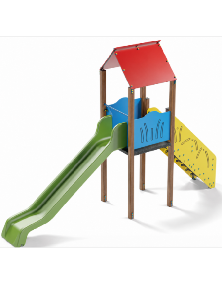 Torre singola con tetto, pali in alluminio rifiniti in legno light - scivolo in polietilene rotazionale cm 150h -cm 120x512x360h
