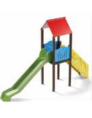 Torre singola con tetto, pali in alluminio rifiniti in legno dark - scivolo in polietilene rotazionale cm 150h - cm 120x512x360h
