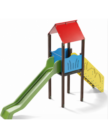 Torre singola con tetto, pali in alluminio rifiniti in legno dark - scivolo in polietilene rotazionale cm 150h - cm 120x512x360h