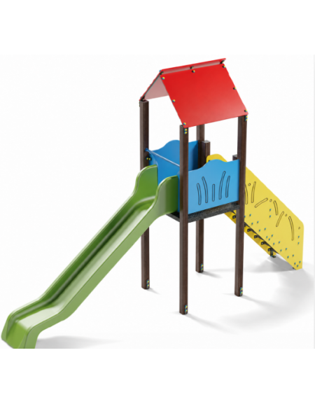Torre singola con tetto, pali in alluminio rifiniti in legno dark - scivolo in polietilene rotazionale cm 150h - cm 120x512x360h