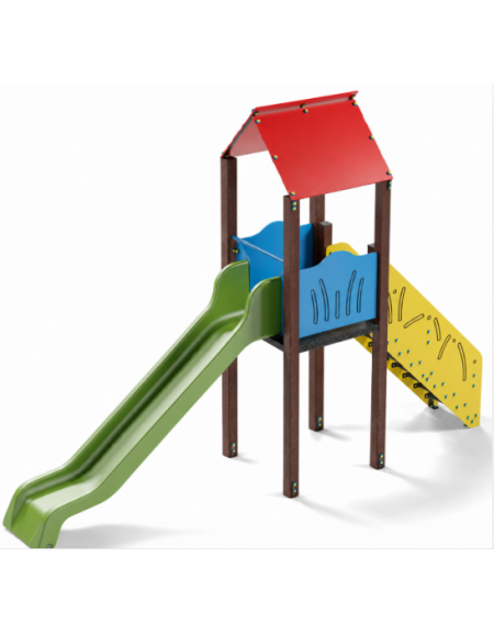 Torre singola con tetto, pali in plastica riciclata - scivolo in polietilene rotazionale cm 150h - cm 120x512x360h