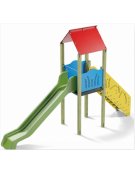 Torre singola con tetto, pali in legno di pino nordico - scivolo in polietilene rotazionale cm 150h - cm 120x512x360h