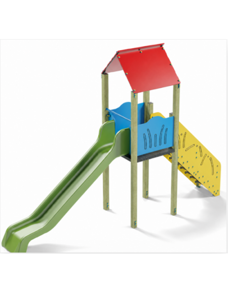 Torre singola con tetto, pali in legno di pino nordico - scivolo in polietilene rotazionale cm 150h - cm 120x512x360h