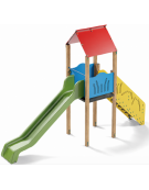 Torre singola con tetto, pali in legno di pino termotrattato - scivolo in polietilene rotazionale cm 150h - cm 120x512x360h
