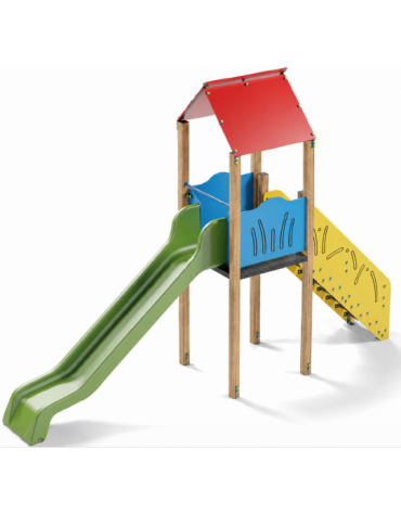 Torre singola con tetto, pali in legno di pino termotrattato - scivolo in polietilene rotazionale cm 150h - cm 120x512x360h