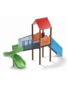 Torre singola con tetto, pali in alluminio rifiniti legno light - scivolo elicoidale in polietilene cm 165h - cm 177x520x360h