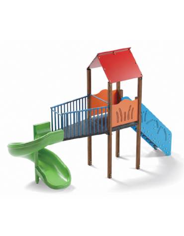 Torre singola con tetto, pali in alluminio rifiniti legno light - scivolo elicoidale in polietilene cm 165h - cm 177x520x360h