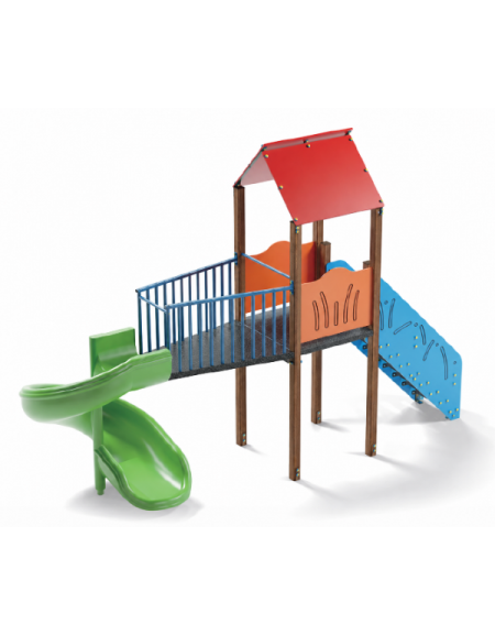 Torre singola con tetto, pali in alluminio rifiniti legno light - scivolo elicoidale in polietilene cm 165h - cm 177x520x360h