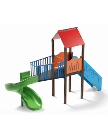 Torre singola con tetto, pali in alluminio rifiniti legno dark - scivolo elicoidale in polietilene cm 165h - cm 177x520x360h
