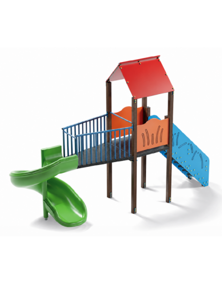 Torre singola con tetto, pali in alluminio rifiniti legno dark - scivolo elicoidale in polietilene cm 165h - cm 177x520x360h