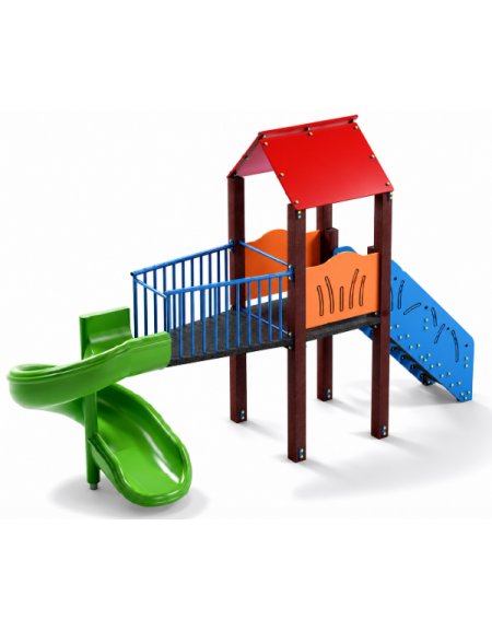 Torre singola con tetto, pali in Plastica riciclata - scivolo elicoidale in polietilene cm 165h - cm 177x520x360h