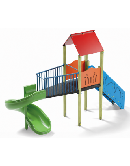 Torre singola con tetto, pali in legno di pino nordico - scivolo elicoidale in polietilene cm 165h - cm 177x520x360h