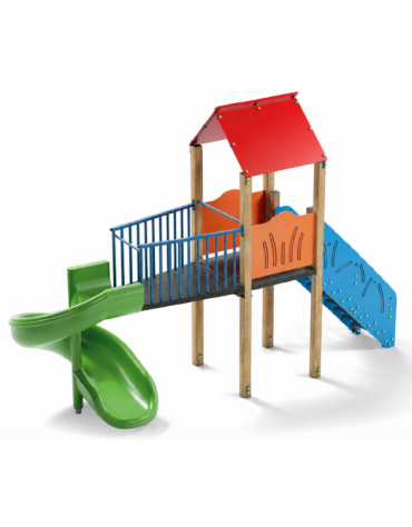 Torre singola con tetto, pali in alluminio - scivolo elicoidale in polietilene cm 165h - cm 177x520x360h