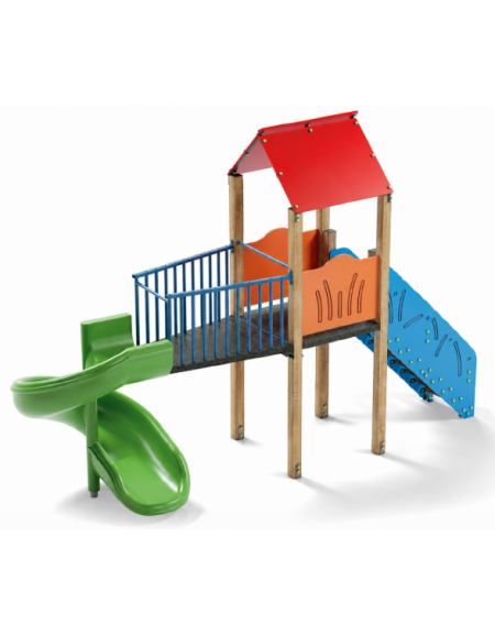 Torre singola con tetto, pali in alluminio - scivolo elicoidale in polietilene cm 165h - cm 177x520x360h
