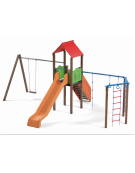 Torre con tetto, altalena 1 posto e palestra addossata - pali in alluminio rifiniti legno light - scivolo in polietilene 