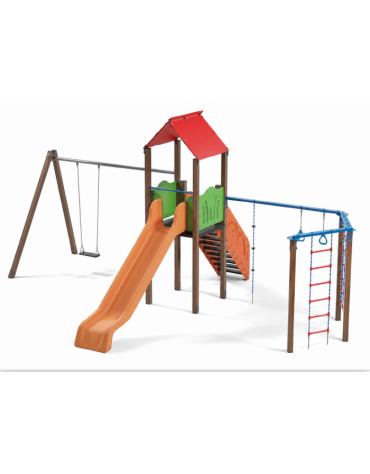 Torre con tetto, altalena 1 posto e palestra addossata - pali in alluminio rifiniti legno light - scivolo in polietilene 