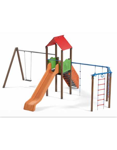 Torre con tetto, altalena 1 posto e palestra addossata - pali in alluminio rifiniti legno light - scivolo in polietilene 