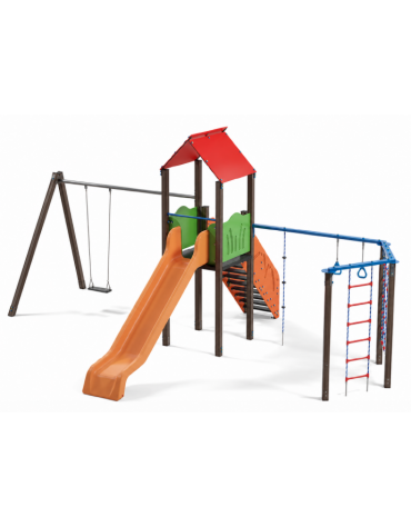 Torre con tetto, altalena 1 posto e palestra addossata - pali in alluminio rifiniti legno dark - scivolo in polietilene