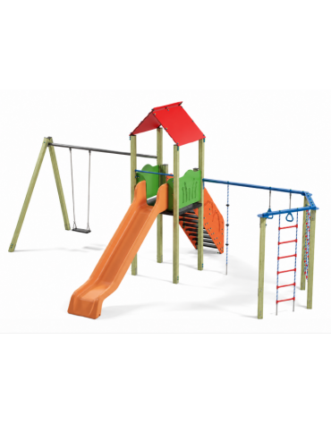 Torre con tetto, altalena 1 posto e palestra addossata - pali in legno di pino - scivolo in polietilene -cm 512x755x360h
