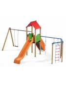Torre con tetto, altalena 1 posto e palestra addossata - pali in legno termotrattato - scivolo in polietilene -cm 512x755x360h