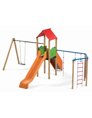 Torre con tetto, altalena 1 posto e palestra addossata - pali in legno termotrattato - scivolo in polietilene -cm 512x755x360h