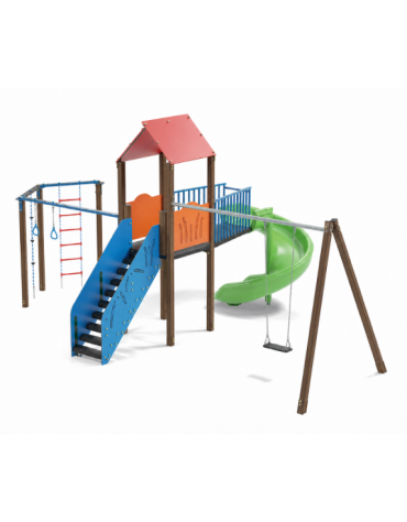 Torre con tetto, altalena 1 posto e palestra addossata - pali in alluminio rifiniti legno light - scivolo elicoidale in polietil