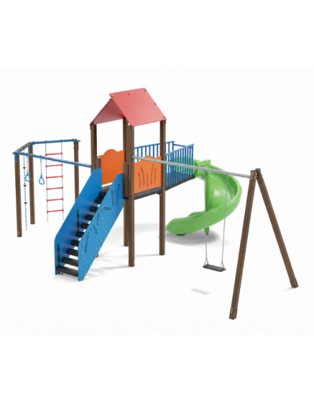 Torre con tetto, altalena 1 posto e palestra addossata - pali in alluminio rifiniti legno light - scivolo elicoidale in polietil