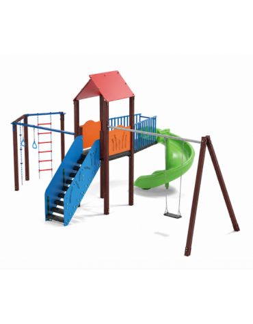 Torre con altalena 1 posto e palestra addossata - pali in plastica riciclata - scivolo elicoidale in polietilene -cm 518x755x360