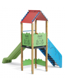 Torre con tetto e scivolo in polietilene rotazionale - pali in legno di pino termotrattato  - cm 261x379x360h