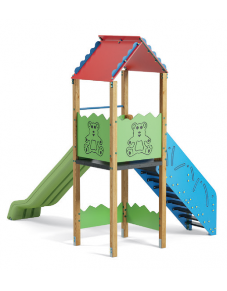 Torre con tetto e scivolo in polietilene rotazionale - pali in legno di pino termotrattato  - cm 261x379x360h