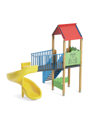 Torre con tetto e scivolo in polietilene rotazionale elicoidale - pali in legno di pino termotrattato - cm 261x388x360h