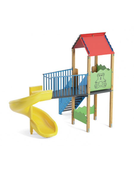 Torre con tetto e scivolo in polietilene rotazionale elicoidale - pali in legno di pino termotrattato - cm 261x388x360h