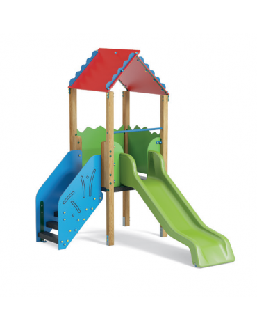 Mini torre con scivolo in polietilene rotazionale e tetto - pali in legno di pino termotrattato - cm 201x327x300h