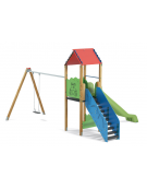 Torre con scivolo in polietilene rotazionale e tetto, 1 altalena - pali in legno di pino termotrattato - cm 588x483x360h