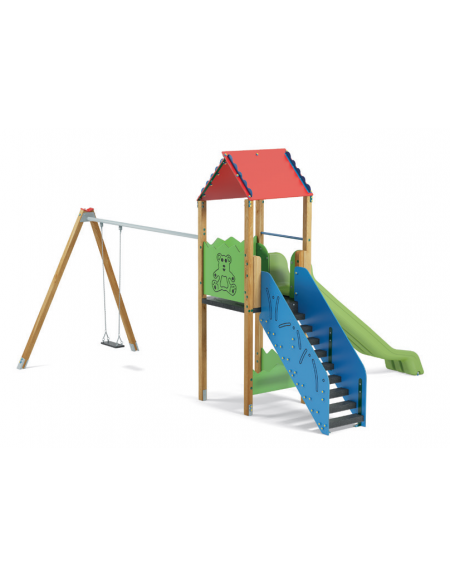 Torre con scivolo in polietilene rotazionale e tetto, 1 altalena - pali in legno di pino termotrattato - cm 588x483x360h