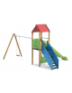 Torre con scivolo in polietilene rotazionale e tetto, 1 altalena - pali in legno di pino termotrattato - cm 588x483x360h