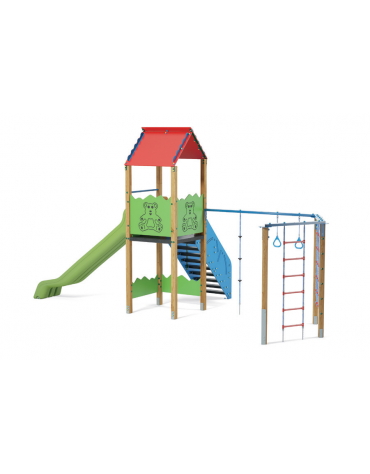 Torre con scivolo in polietilene rotazionale e palestra - pali in legno di pino termotrattato - cm 352x679x360h
